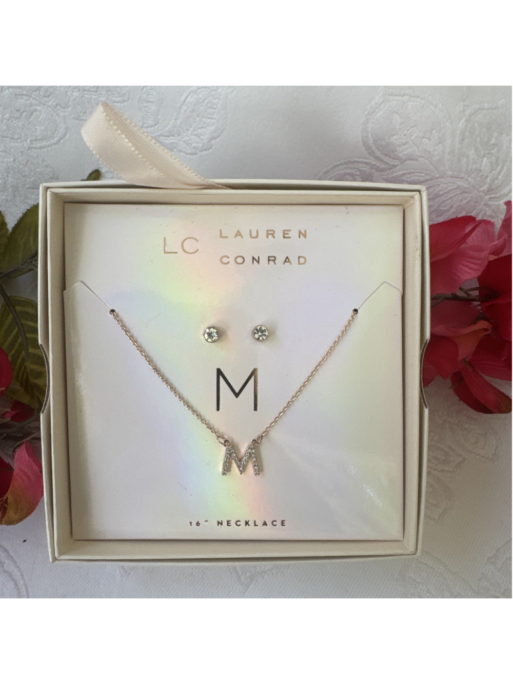 LC Lauren Conrad Initial M Goldtone Necklace Tiny Stud Earring Set Gift Box 16"